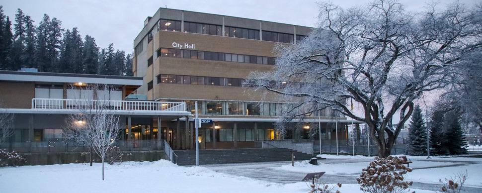 Exterior of City Hall from George Street on a snowy winter day