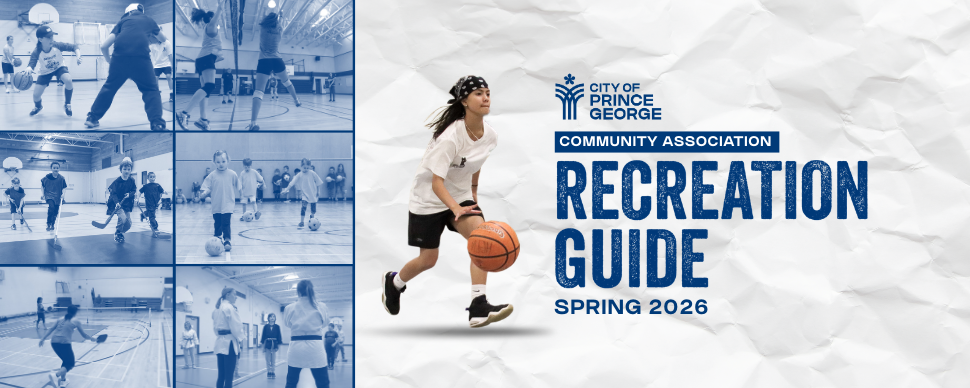 Graphic with a person playing basketball to promote the spring 2026 community association recreation guide