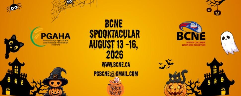 BCNE Spooktacular August 13 to 16 2026 at Exhibition Park Ghosts and pumpkins swirling around a castle background.