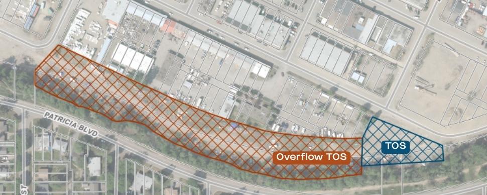 Map showing the temporary overnight sheltering site and the overflow area along Lower Patricia Boulevard between Ottawa and London streets