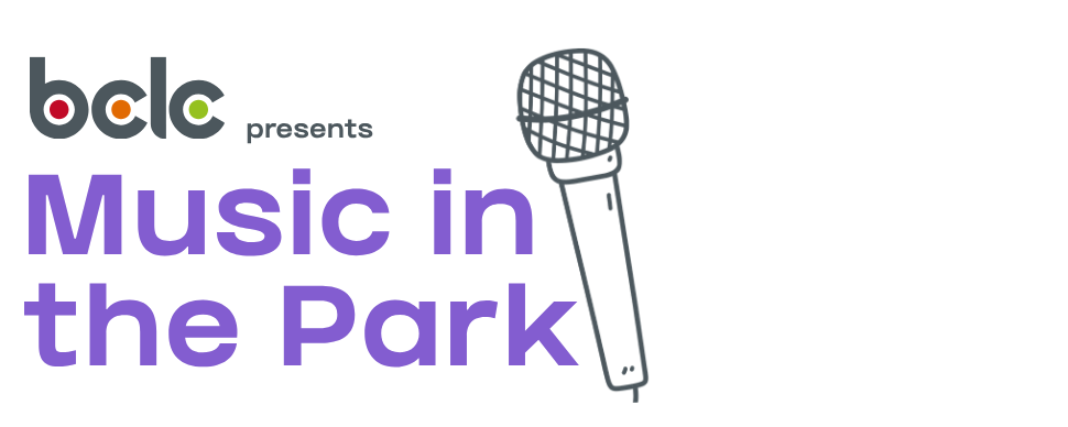 Microphone, BCLC logo and purple text that reads "Music in the Park"