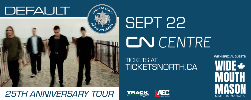 Promo image for Default playing the CN Centre on Sept 22 for their 25th anniversary tour of their debut album The Fallout