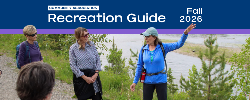 A group of women on a riverside trail. Text on image reads "Community Association Recreation Guide Fall 2026"