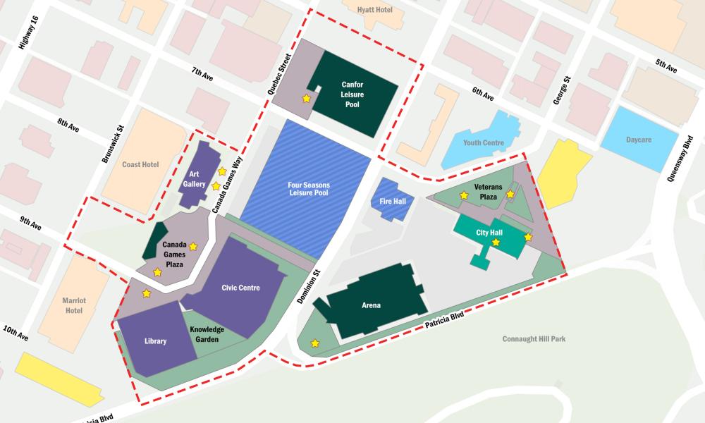 Map of the civic core district, with dotted red border around City Hall, the Canfor Leisure Pool, the former location of the Four Seasons Pool, Kopar Memorial Arena, the Prince George Public Library Bob Harkins branch, Prince George Conference and Civic Centre, the Two Rivers Art Gallery, and Canada Games Plaza.