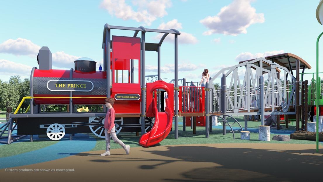 A concept design of a train structure at a playground. Text on train reads "The Prince" and "Fort George Railway"