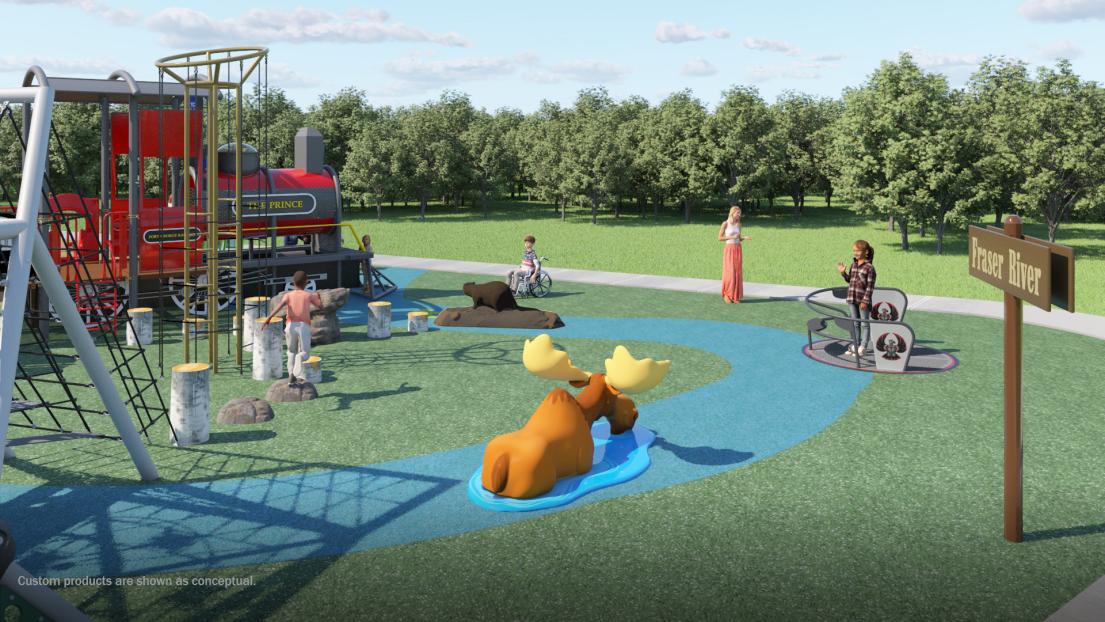 Concept design of a playground with blue river painted on playground floor, and a moose statue that appears to be rising from the river. Sign in foreground reads "Fraser River".