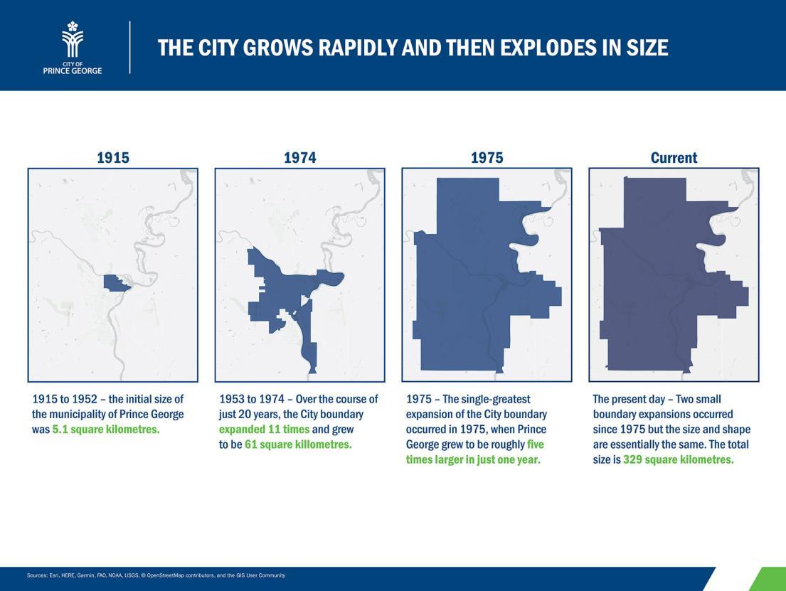 This map charts Prince George's growth from 5.1 square kilometres in 1915 to a total size of 329 square kilometres in the present day. 
