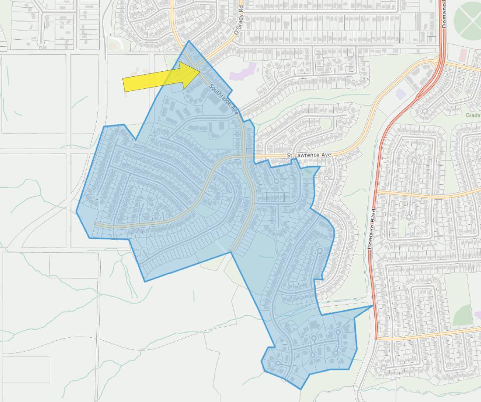 A map of the affected area stretches from Southridge Avenue south of St. Anthony Crescent to the St. Denis Heights area. A yellow arrow points to the break site at 7051 Southridge Avenue.