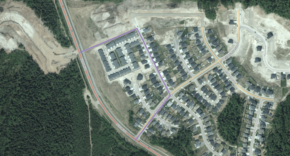 A map showing the detour route available to pedestrians and cyclists from University Heights Drive east, north to Rowe Street, and west to Tyner Boulevard.