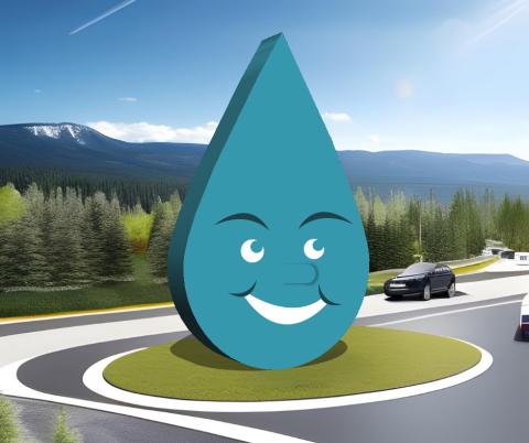 Dewey, the water droplet, sits at the centre of a new traffic circle