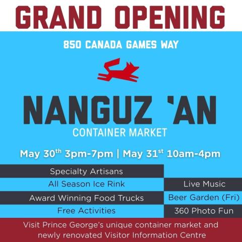 Promotional graphic for the grand opening of a container market at Canada Games Plaza